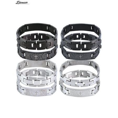 Mens Vintage Stainless Steel Black Cross Silver English Bible Lords Prayer Religious Link Wrist Bracelet Cross Middle, Black Silver, 7.9 inch